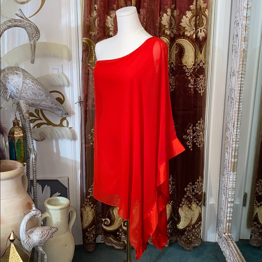Red One Shoulder Sheer Drape Top - Picture 5 of 17
